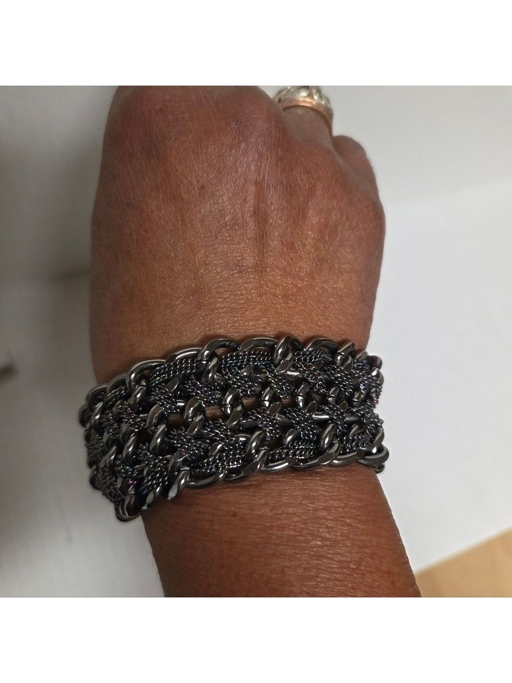Gun Metal Chainmaille Cuff Bracelet with Multi-colored Woven Chain